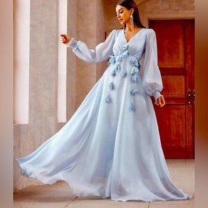 3D Flower Decorated Lantern Sleeve Extra Long Women’s Dress